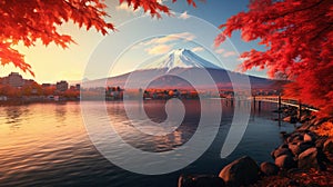 Fuji mountain and Kawaguchiko lake at sunset, Autumn seasons Fuji mountain at yamanachi in Japan