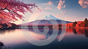 Fuji mountain and Kawaguchiko lake at sunset, Autumn seasons Fuji mountain at yamanachi in Japan