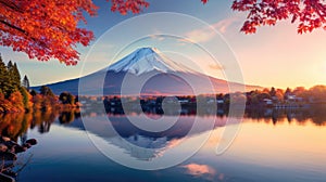 Fuji mountain and Kawaguchiko lake at sunset, Autumn seasons Fuji mountain at yamanachi in Japan