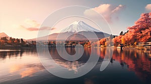 Fuji mountain and Kawaguchiko lake at sunset, Autumn seasons Fuji mountain at yamanachi in Japan