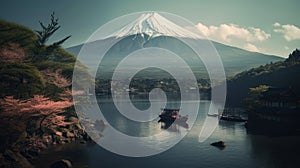 Fuji mountain and Kawaguchiko lake at sunset, Autumn seasons Fuji mountain at yamanachi in Japan. AI generated