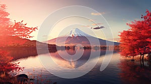 Fuji mountain and Kawaguchiko lake at sunset, Autumn seasons Fuji mountain at yamanachi in Japan