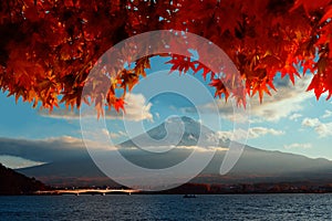 Fuji mountain and Kawaguchiko lake at sunset, Maple leaves changing color, Autumn seasons Fuji mountain at yamanachi in Japan