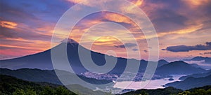 Fuji Mountain with Kawaguchiko Lake at Twilight Sunset, Shindotoge Mountain, Yamanashi, Japan