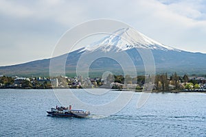 Fuji Mountain Kawaguchiko Lake view with tourist boat Japan Landmark