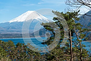Fuji mountain landscape with green forest and blue water