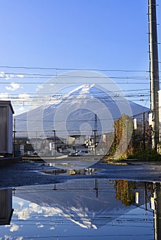 Fuji mountain in moning light with blue sky and Fuji reflect in