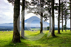 Fuji Mountain with Morning Mist in Summer at Fumotoppara Campground, Fujinomiya, Shizuoka, Japan photo