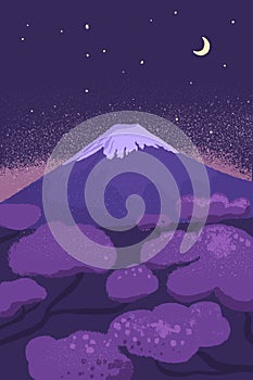 Fuji mountain at night with starry sky and moon. Japanese scenery vector illustration with cherry blossom trees at