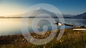 Fuji mountain at sunrise from Kawaguchiko lake