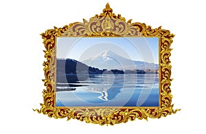 Fuji mt. in old antique gold frame Stucco walls greek culture roman vintage style pattern line design for border isolated on white