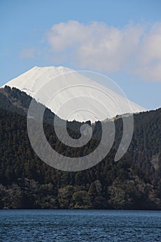 Fuji-san Mount Fuhi with snow on a clear blue day in the back and Lake Ashi