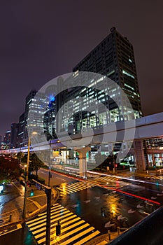 Fuji TV building at night in Daiba district in Tokyo Japan