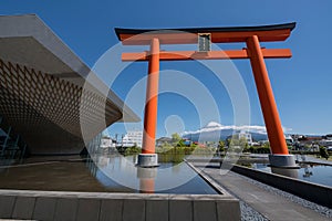 Fuji world center and red Torii gate with mt. Fujisan, Fujinomiya