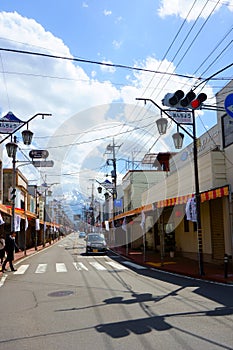 Fujikawaguchiko-machi, Honcho street. The road to Mount Fuji. Fujiyama in the background