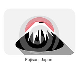 Fujisan, Japan, landmark flat icon design, background is Japanese national flag, Famous scenic spots