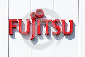 Fujitsu logo on a wall