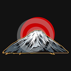 Fujiyama mountain on red sun background