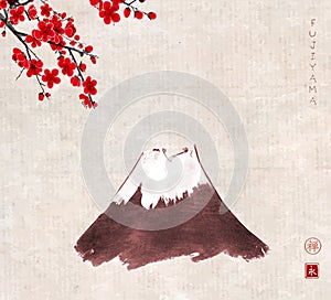 Fujiyama mountain and sakura blossom on vintage background. Traditional oriental ink painting sumi-e, u-sin, go-hua