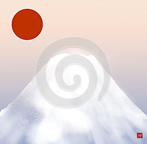 Fujiyama mountain in snow and red sun in sunrise sku. Traditional Japanese ink wash painting sumi-e. Translation of