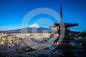 Fujiyoshida, Japan at Chureito Pagoda and Mt. Fuji in the spring with cherry blossoms full bloom during twilight. Japan Landscape