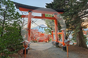 Fujiyoshida, Japan with the entrance gate to Arakura Sengen Shrine and Mt. Fuji