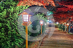 Fujiyoshida, Japan lanterns lead from Arakura Sengen Shrine at Dusk During Autumn