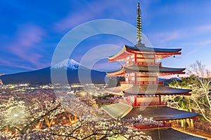 Fujiyoshida, Japan view of Mt. Fuji and pagoda in spring season