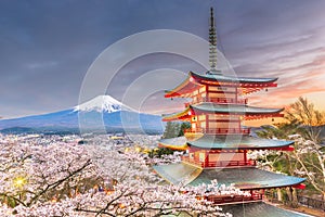 Fujiyoshida, Japan view of Mt. Fuji and pagoda in spring season with cherry blossoms