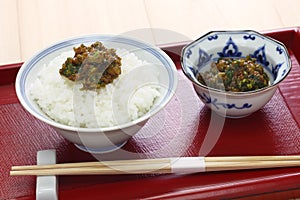 Fuki miso Japanese butterbur shoot stir fried with miso on rice