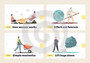 Fulcrum and simple mechanics concept of set of landing pages with seesaws and wheelbarrows