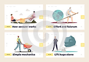 Fulcrum and simple mechanics concept of set of landing pages with seesaws and wheelbarrows photo