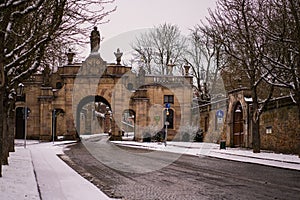 Fulda, Germany - Dezember 25, 2021 the first Christmas day after corona pandemic time - Paulus gate and Pauluspromenade