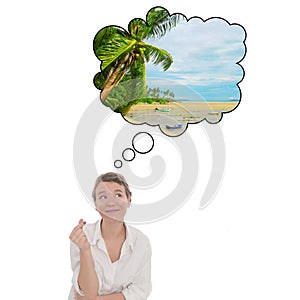 Fulfillment of desires at the click of figers. Young women dreams about tropical vacation. Touristic speech bubble.