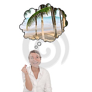 Fulfillment of desires at the click of figers. Young women dreams about tropical vacation. Touristic speech bubble.