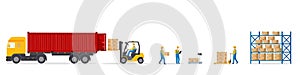 Fulfilment of order on warehouse. Loading of boxes with goods to truck with help forklift, worker. Work process in wholesale