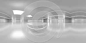 Full 360 degree equirectangular panorama hdri of modern futuristic white building interior 3d render illustration