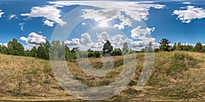 Full 360 degree seamless panorama in equirectangular spherical equidistant projection. Panorama view in a field in beautiful day