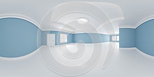 full 360 panorama of empty classic design room with white floors and blue walls 3d render illustration hdri hdr vr style