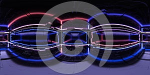 Full 360 panorama of futuristic neon light building interior with sci-fi design 3d render illustration hdri hdr vr style