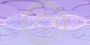 full 360 panorama of modern technology design white bulding interior with blue and violet neon lighting 3d render