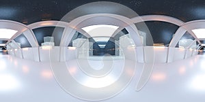 Full 360 panorama space ship corridor with white futuristic design and reflections 3d rendering illustration