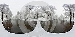 Full 360 panorama in spherical equirectangular projection. Skybox for VR content. Trees in the frost on the bridge by the river