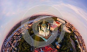 Full aerial view panorama 360 degrees of Kiev city, St. Andrew`s Church, Andrew`s descent and the historical part of the
