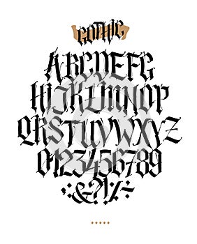 Full alphabet in the Gothic style. Vector. Letters and symbols on a white background. Calligraphy and lettering. Medieval Latin