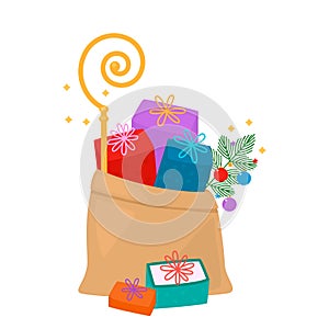A full bag of gifts for Christmas from Santa Claus or St. Nicholas. concept Xmas