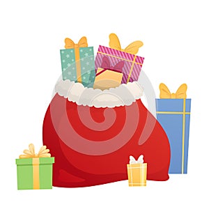 Full bag of gifts from Santa Claus. Christmas decorative element. Flat vector illustration