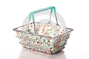 Full basket of colorful pills, drugs, capsules. Drug, medicine addiction concept