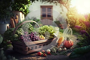 Full basket with vegetables and fruits, from the garden, rural life