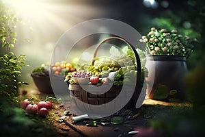 Full basket with vegetables and fruits, from the garden, rural life